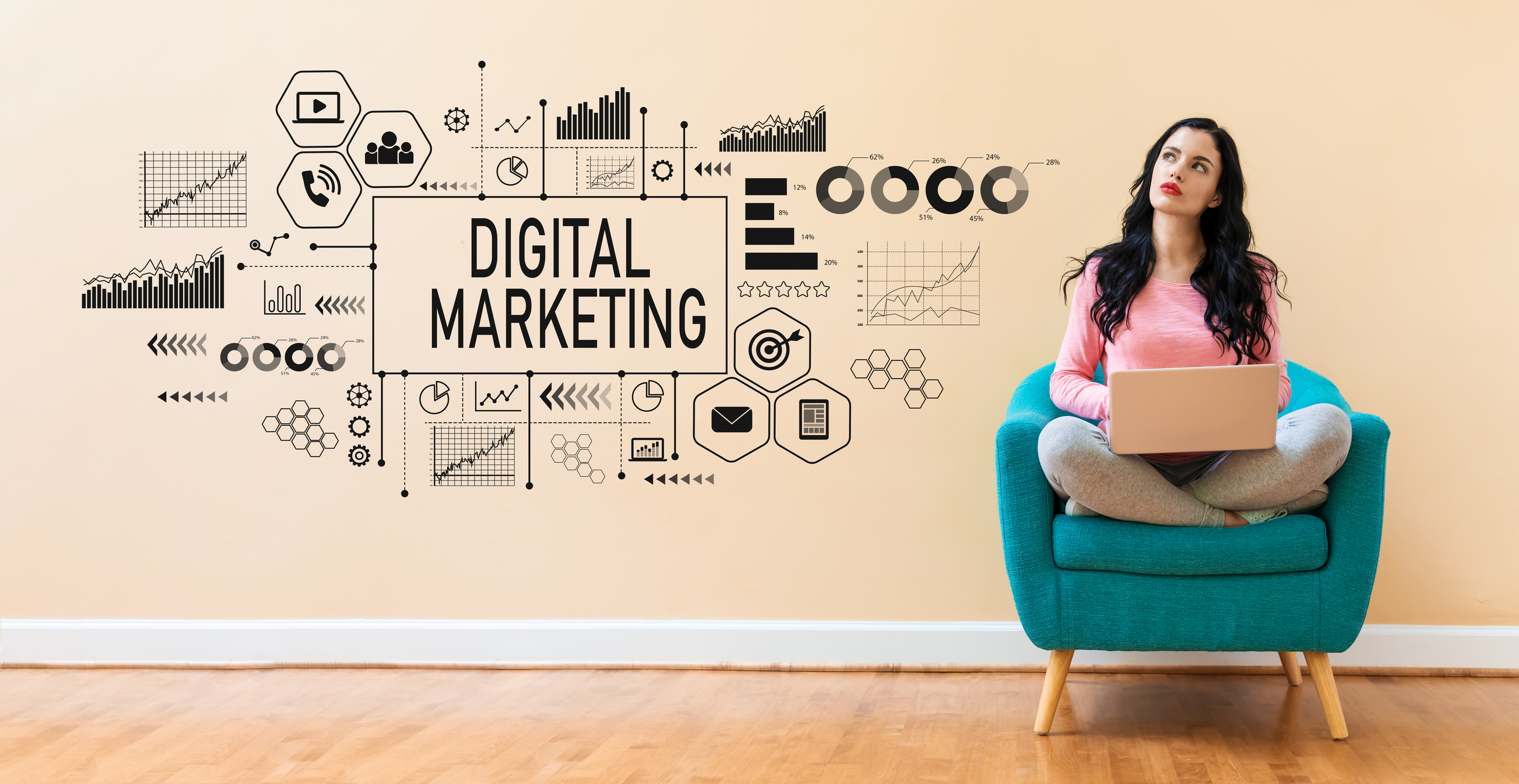 Digital Marketing with woman using a laptop